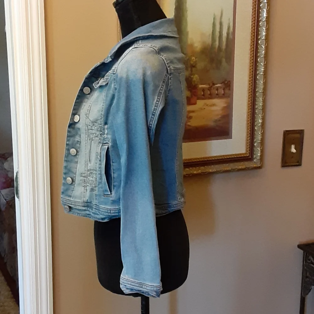 Justice embellished blue jeans denim jacket stretch 4 pockets size 12 EUC
